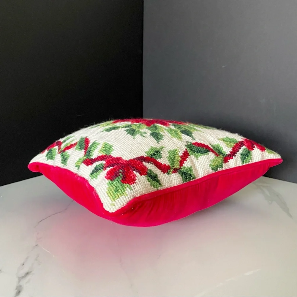 Poinsettia Needlepoint Holiday Pillow